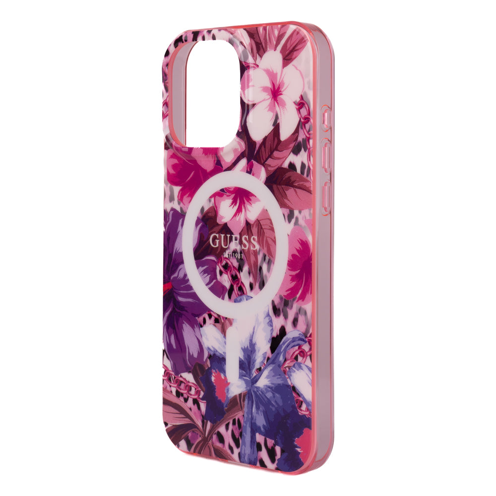 Apple iPhone 16 Pro Kılıf Guess Magsafe Şarj Özellikli IML Baskılı Jungle Ring Kapak Mor