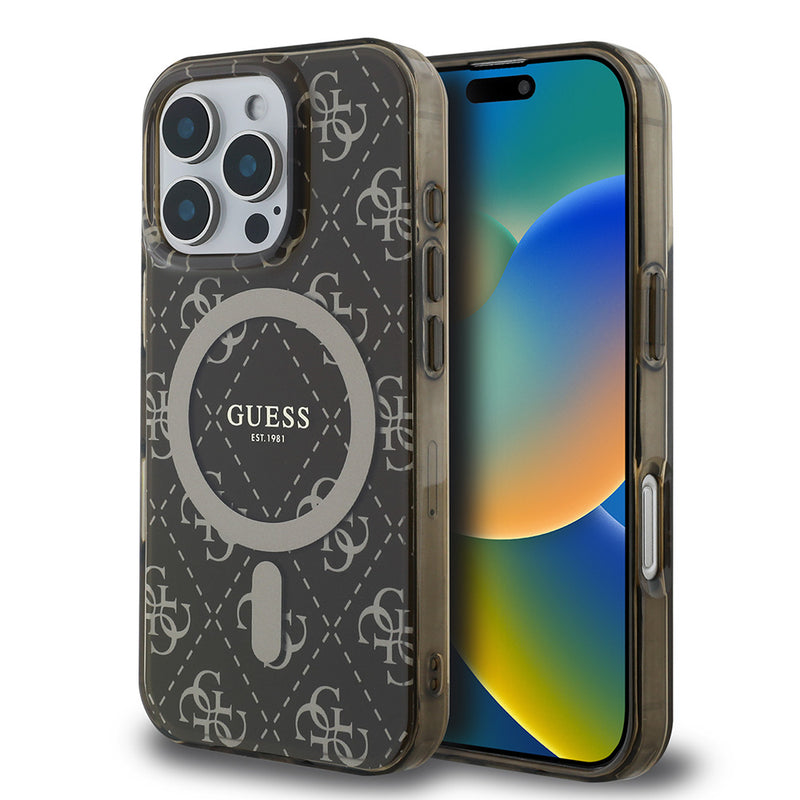 Apple iPhone 16 Pro Kılıf Guess Magsafe Şarj Özellikli IML Baskılı Klasik Logolu 4G Desenli Kapak Kahverengi