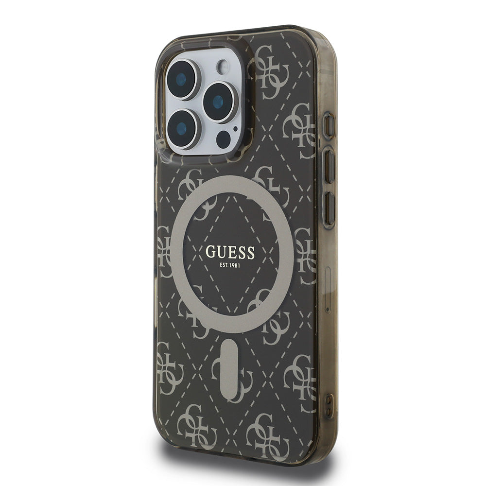 Apple iPhone 16 Pro Kılıf Guess Magsafe Şarj Özellikli IML Baskılı Klasik Logolu 4G Desenli Kapak Kahverengi