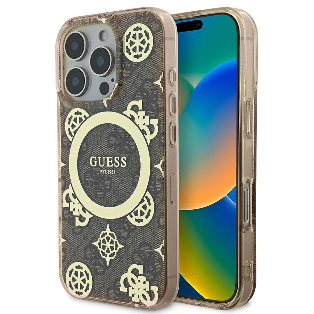 Apple iPhone 16 Pro Kılıf Guess Magsafe Şarj Özellikli IML Peony ve 4G Desenli Klasik Logolu Kapak Kahverengi