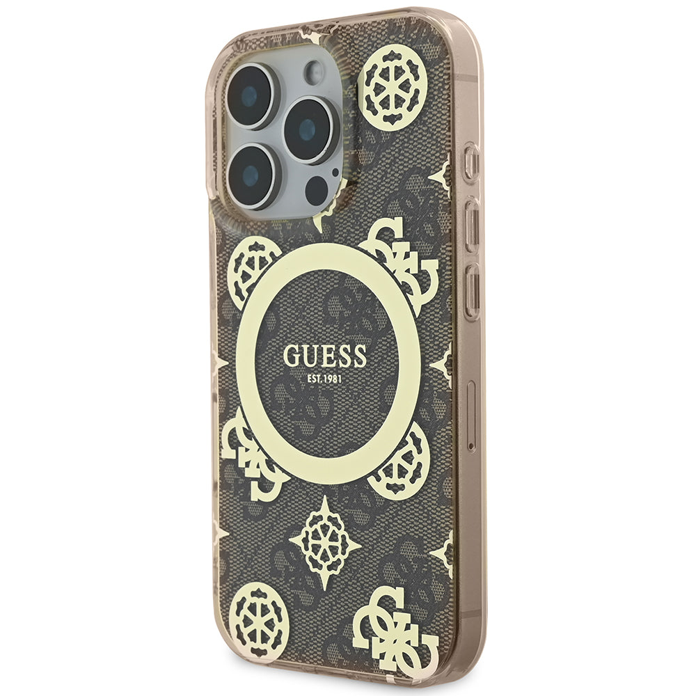 Apple iPhone 16 Pro Kılıf Guess Magsafe Şarj Özellikli IML Peony ve 4G Desenli Klasik Logolu Kapak Kahverengi