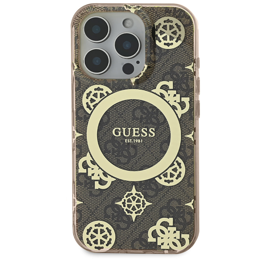 Apple iPhone 16 Pro Kılıf Guess Magsafe Şarj Özellikli IML Peony ve 4G Desenli Klasik Logolu Kapak Kahverengi
