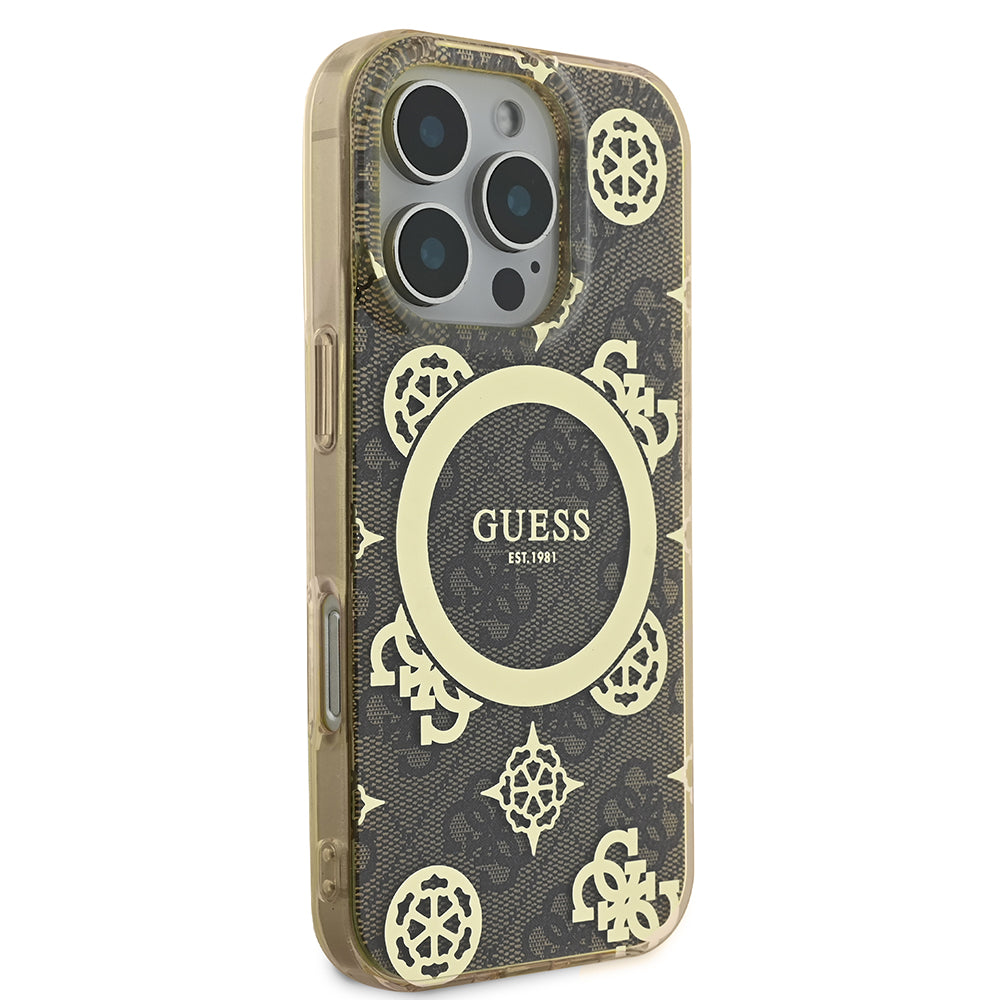 Apple iPhone 16 Pro Kılıf Guess Magsafe Şarj Özellikli IML Peony ve 4G Desenli Klasik Logolu Kapak Kahverengi