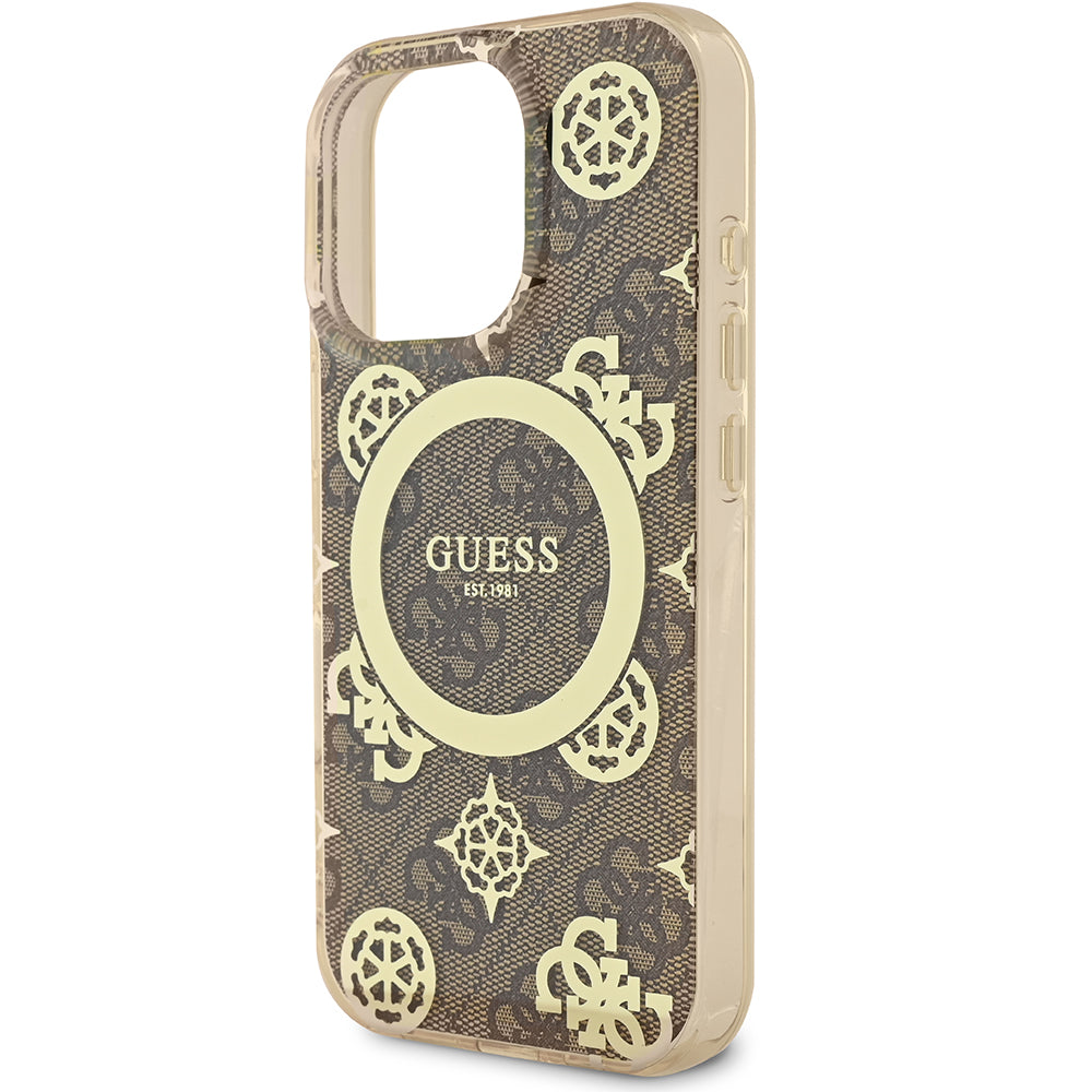 Apple iPhone 16 Pro Kılıf Guess Magsafe Şarj Özellikli IML Peony ve 4G Desenli Klasik Logolu Kapak Kahverengi