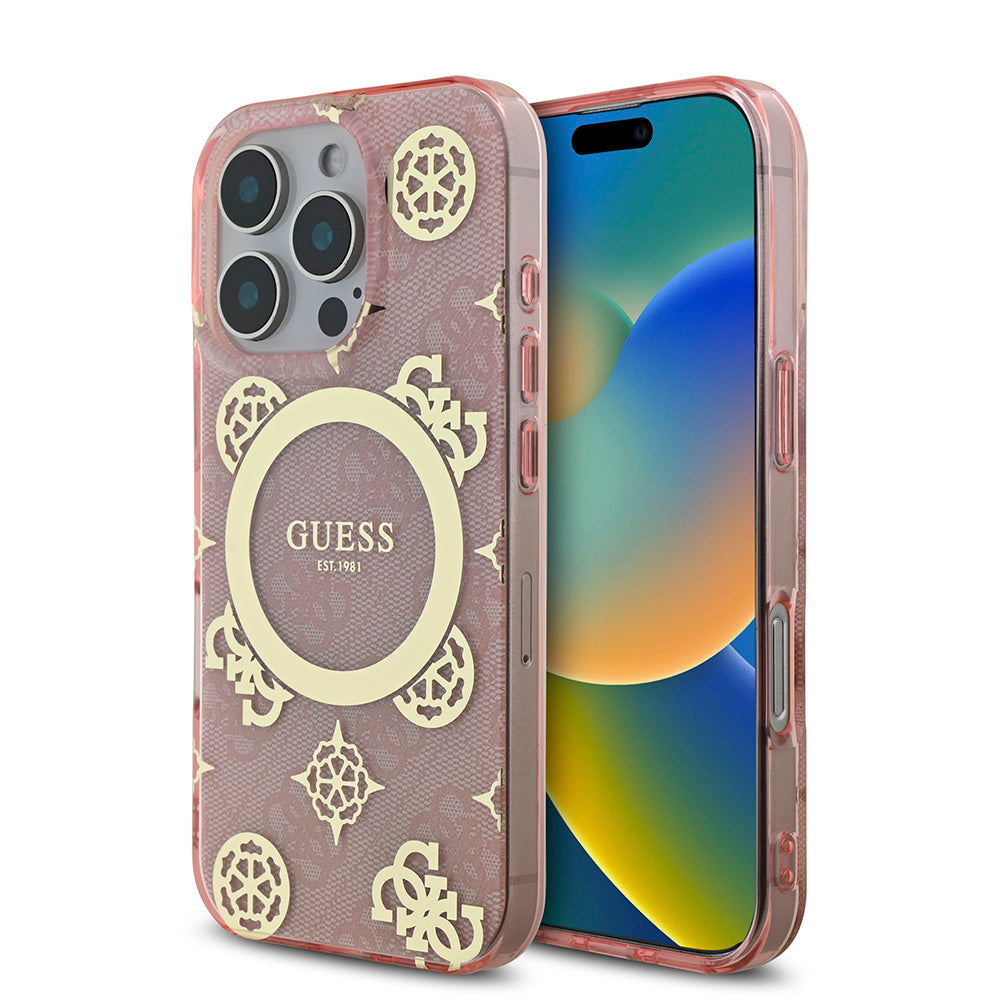 Apple iPhone 16 Pro Kılıf Guess Magsafe Şarj Özellikli IML Peony ve 4G Desenli Klasik Logolu Kapak Pembe