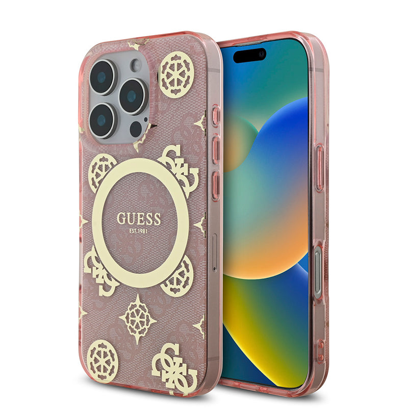Apple iPhone 16 Pro Kılıf Guess Magsafe Şarj Özellikli IML Peony ve 4G Desenli Klasik Logolu Kapak Pembe