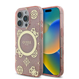Apple iPhone 16 Pro Kılıf Guess Magsafe Şarj Özellikli IML Peony ve 4G Desenli Klasik Logolu Kapak Pembe