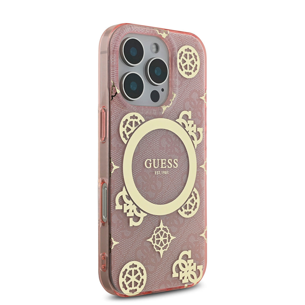 Apple iPhone 16 Pro Kılıf Guess Magsafe Şarj Özellikli IML Peony ve 4G Desenli Klasik Logolu Kapak Pembe