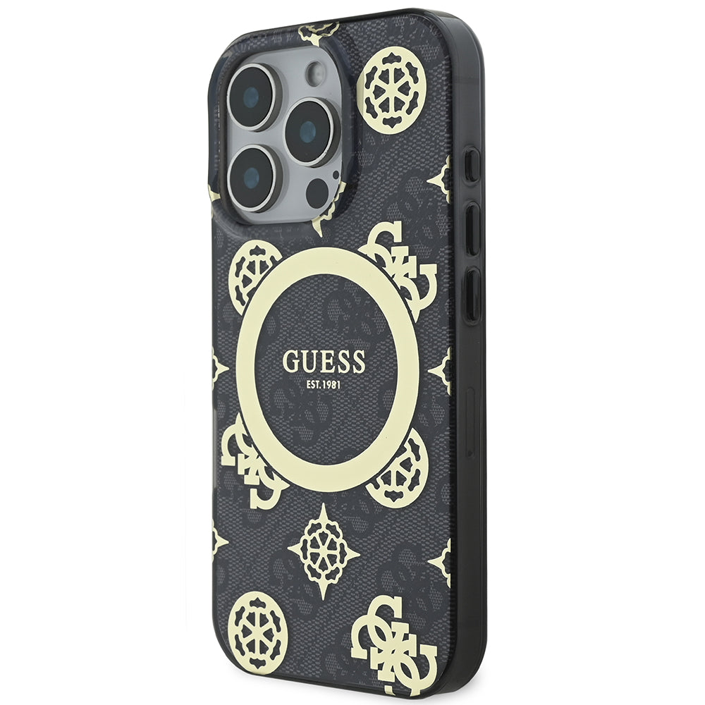 Apple iPhone 16 Pro Kılıf Guess Magsafe Şarj Özellikli IML Peony ve 4G Desenli Klasik Logolu Kapak Siyah