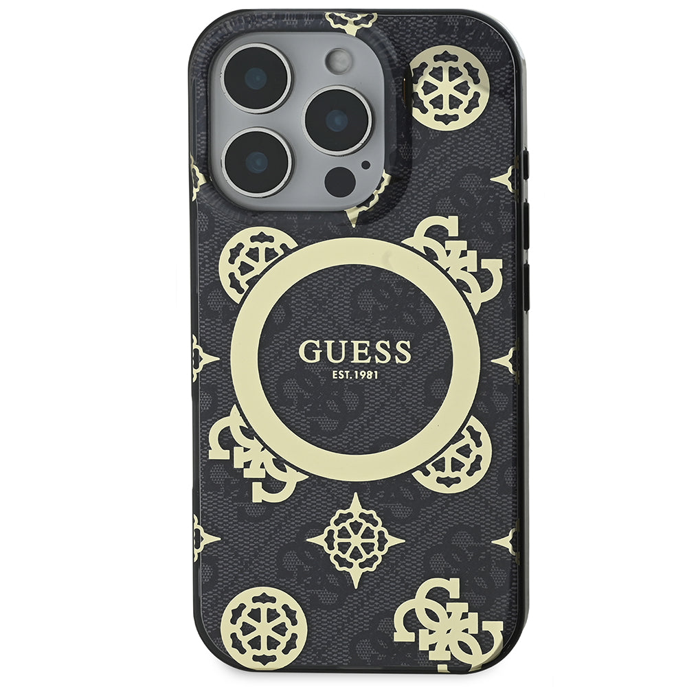 Apple iPhone 16 Pro Kılıf Guess Magsafe Şarj Özellikli IML Peony ve 4G Desenli Klasik Logolu Kapak Siyah