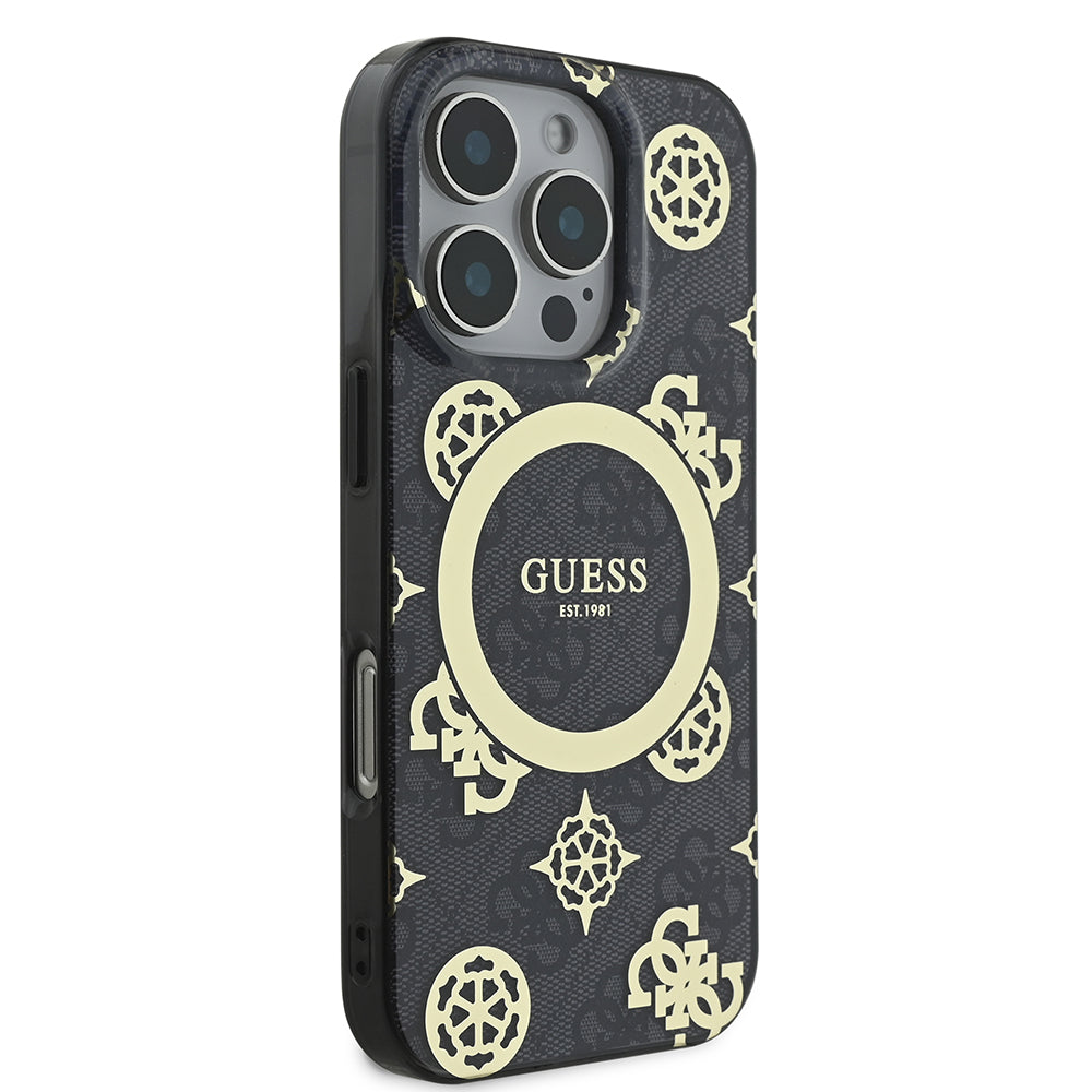 Apple iPhone 16 Pro Kılıf Guess Magsafe Şarj Özellikli IML Peony ve 4G Desenli Klasik Logolu Kapak Siyah