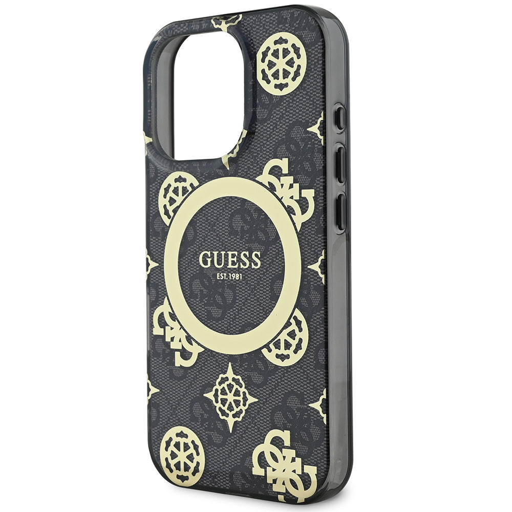 Apple iPhone 16 Pro Kılıf Guess Magsafe Şarj Özellikli IML Peony ve 4G Desenli Klasik Logolu Kapak Siyah