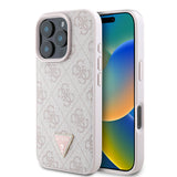 Apple iPhone 16 Pro Kılıf Guess Magsafe Şarj Özellikli PU Deri 4G Desenli Taşlı Üçgen Logolu Kapak Pembe