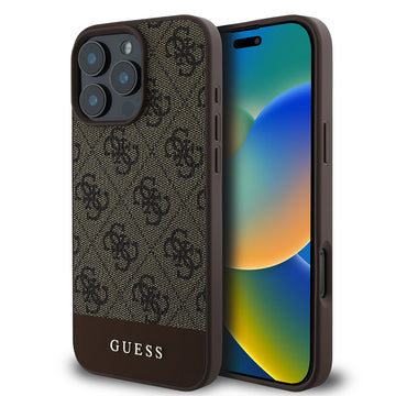 Apple iPhone 16 Pro Kılıf Guess Magsafe Şarj Özellikli PU Deri Şerit Logo Dizaynlı Kapak Kahverengi
