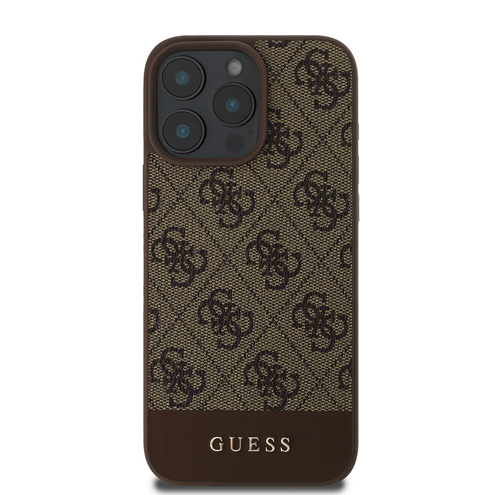 Apple iPhone 16 Pro Kılıf Guess Magsafe Şarj Özellikli PU Deri Şerit Logo Dizaynlı Kapak Kahverengi