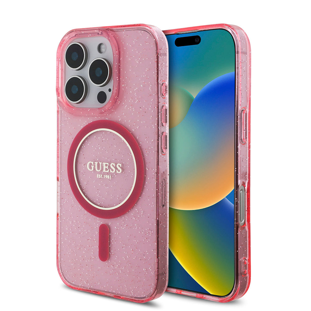 Apple iPhone 16 Pro Kılıf Guess Magsafe Şarj Özellikli Simli Silikon İnci Bileklikli Kapak Pembe