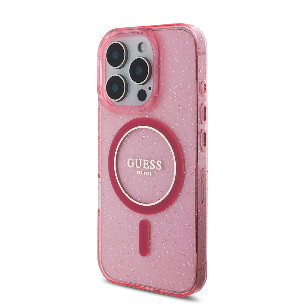 Apple iPhone 16 Pro Kılıf Guess Magsafe Şarj Özellikli Simli Silikon İnci Bileklikli Kapak Pembe
