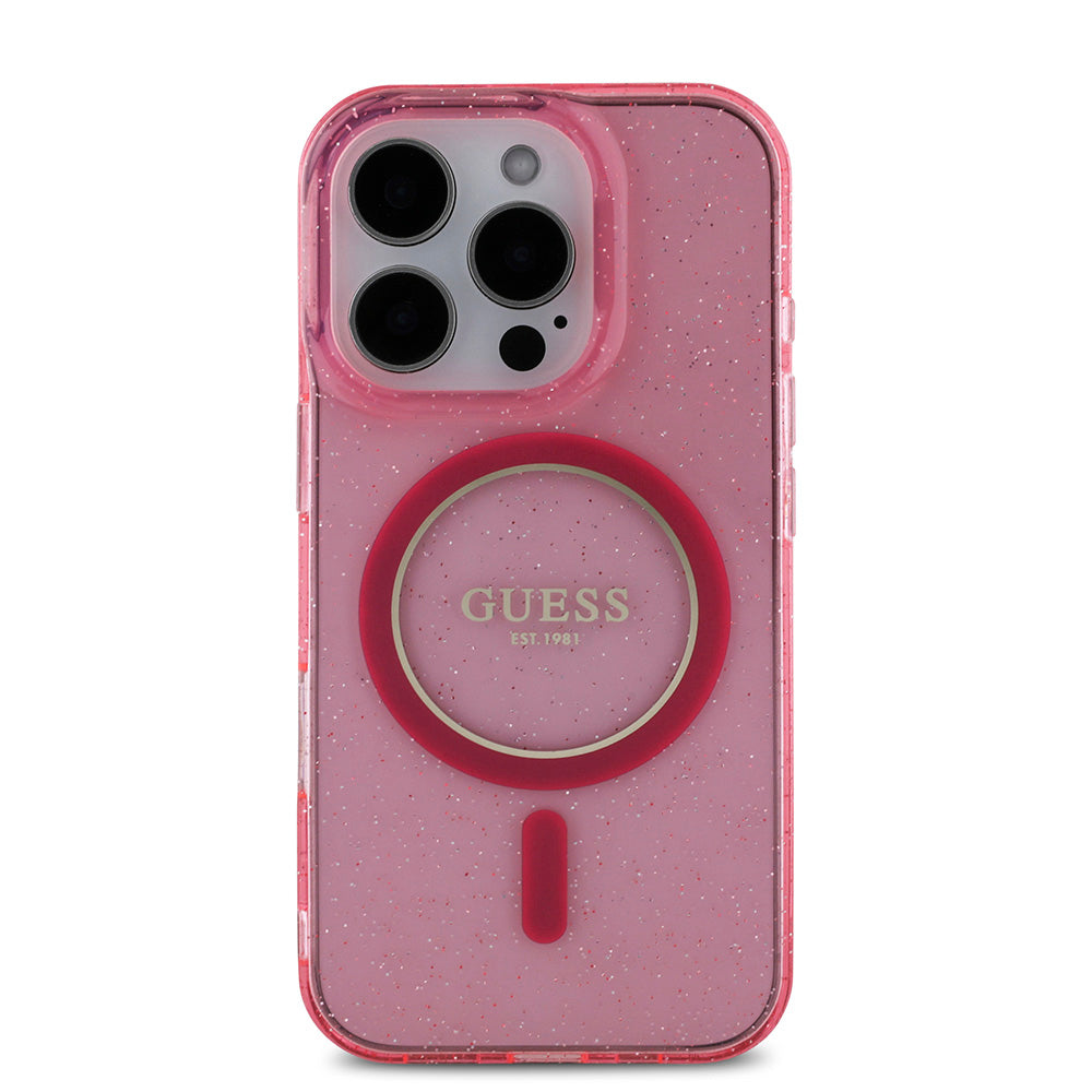 Apple iPhone 16 Pro Kılıf Guess Magsafe Şarj Özellikli Simli Silikon İnci Bileklikli Kapak Pembe