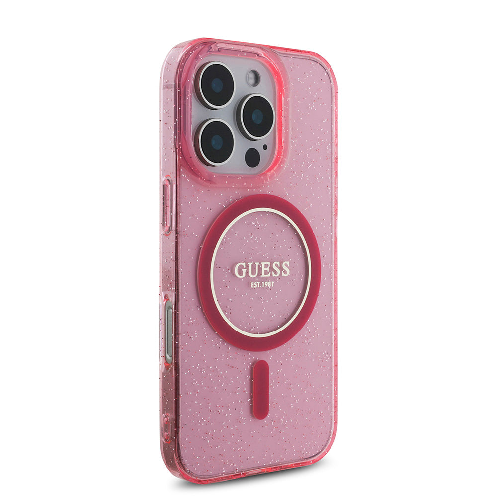 Apple iPhone 16 Pro Kılıf Guess Magsafe Şarj Özellikli Simli Silikon İnci Bileklikli Kapak Pembe