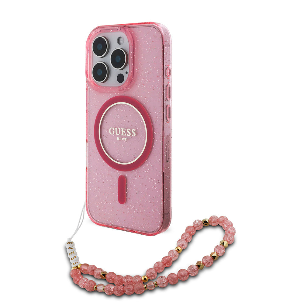 Apple iPhone 16 Pro Kılıf Guess Magsafe Şarj Özellikli Simli Silikon İnci Bileklikli Kapak Pembe