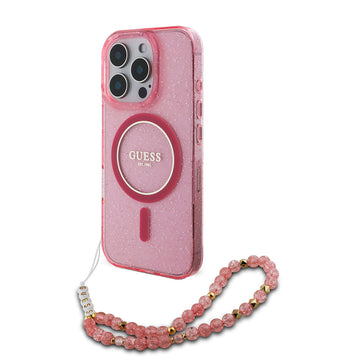 Apple iPhone 16 Pro Kılıf Guess Magsafe Şarj Özellikli Simli Silikon İnci Bileklikli Kapak Pembe