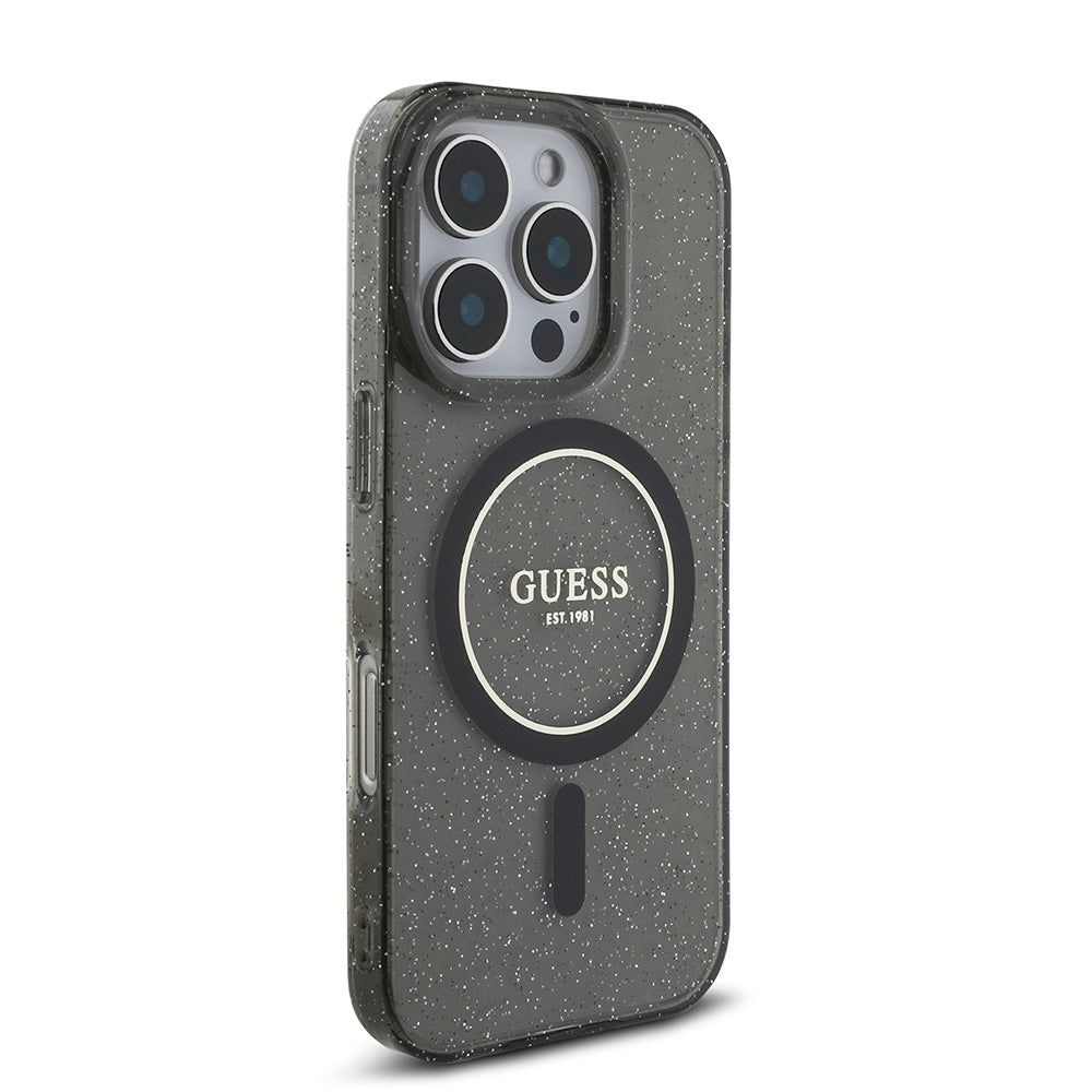 Apple iPhone 16 Pro Kılıf Guess Magsafe Şarj Özellikli Simli Silikon İnci Bileklikli Kapak Siyah