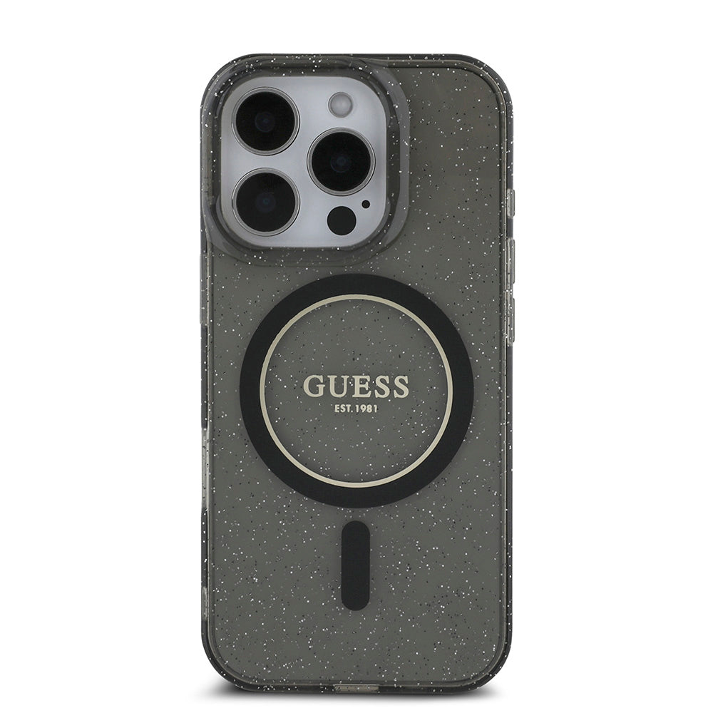 Apple iPhone 16 Pro Kılıf Guess Magsafe Şarj Özellikli Simli Silikon İnci Bileklikli Kapak Siyah