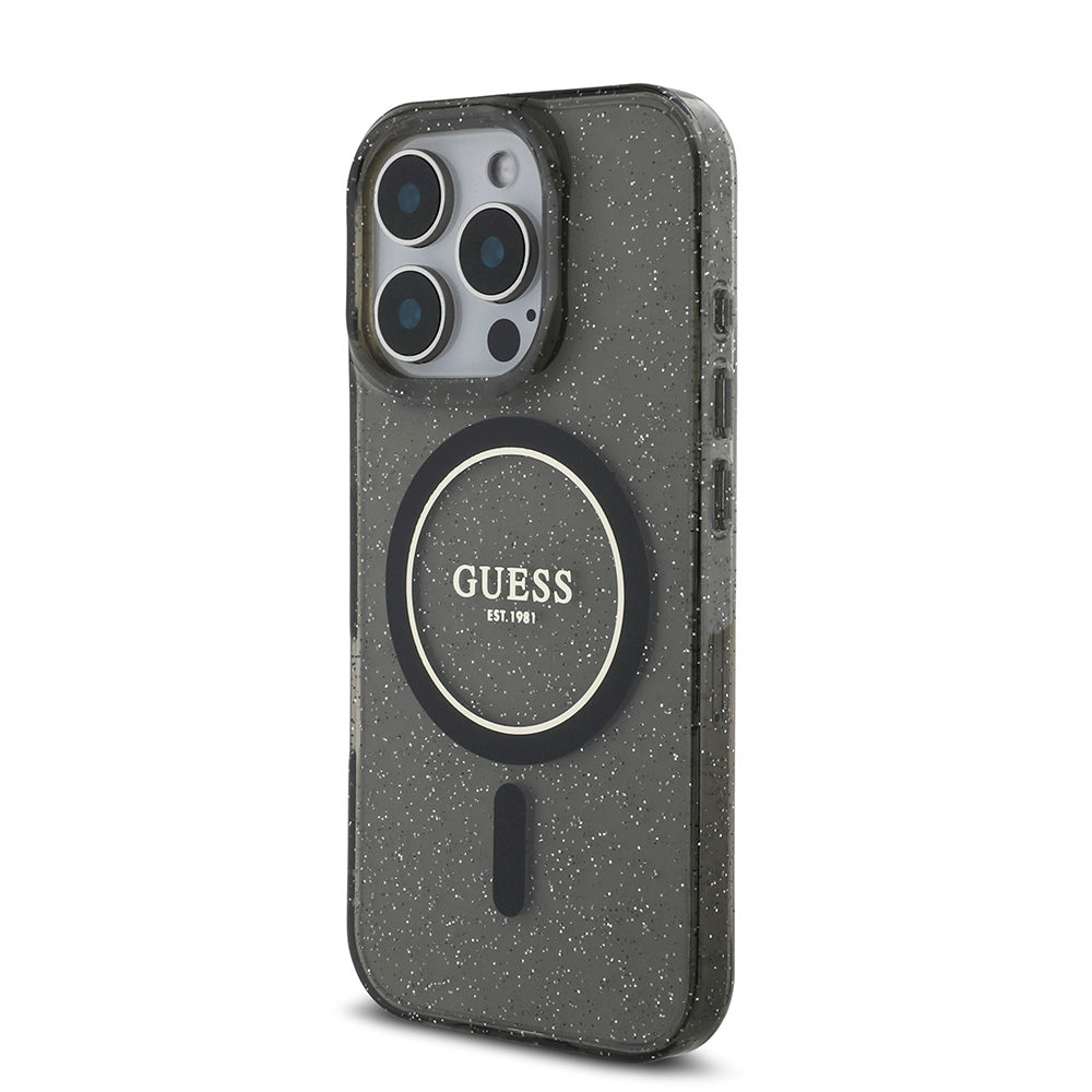 Apple iPhone 16 Pro Kılıf Guess Magsafe Şarj Özellikli Simli Silikon İnci Bileklikli Kapak Siyah
