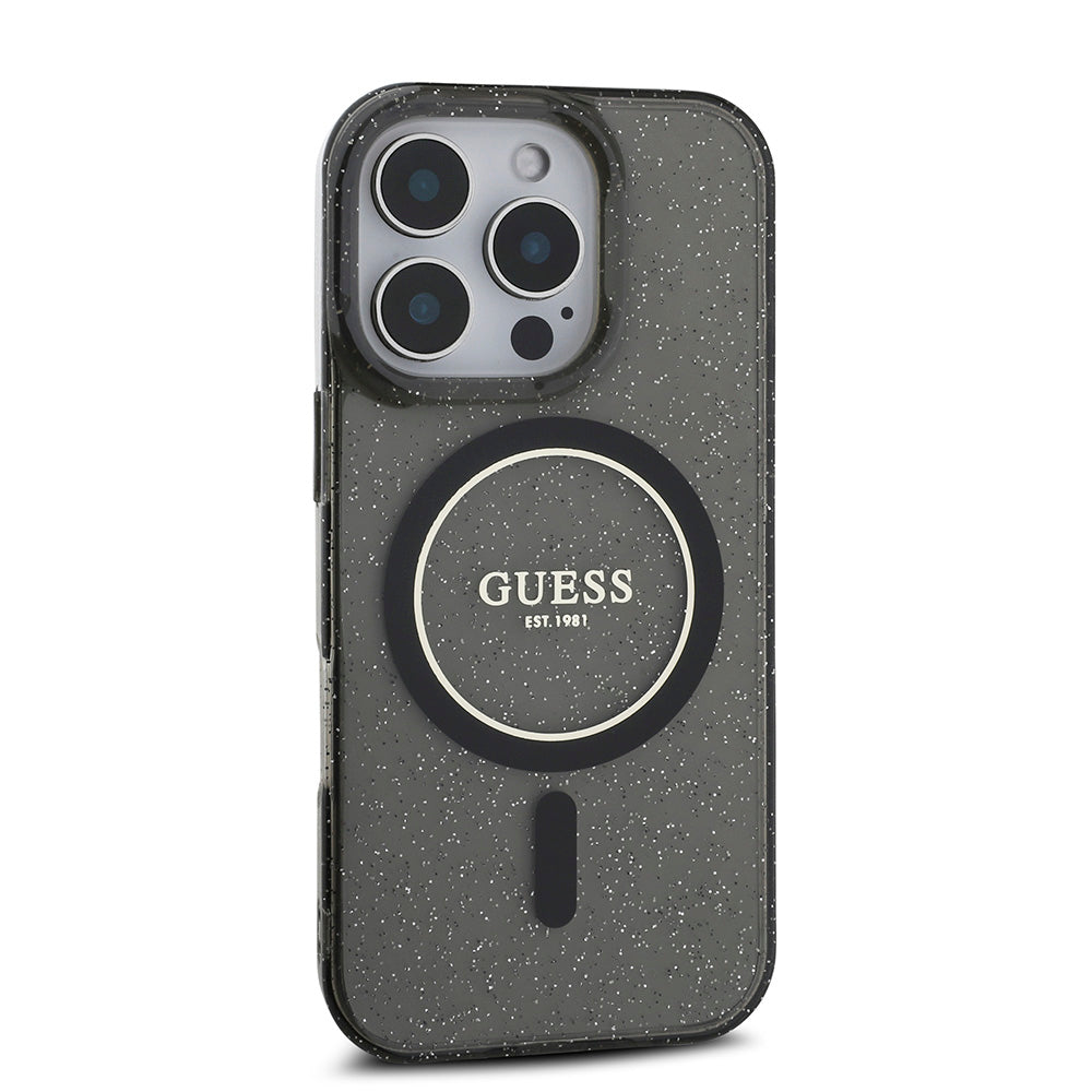 Apple iPhone 16 Pro Kılıf Guess Magsafe Şarj Özellikli Simli Silikon İnci Bileklikli Kapak Siyah