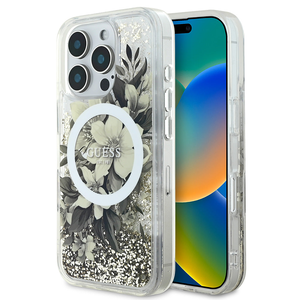 Apple iPhone 16 Pro Kılıf Guess Magsafe Şarj Özellikli Sıvılı Simli Çiçek Desenli Kapak Bej