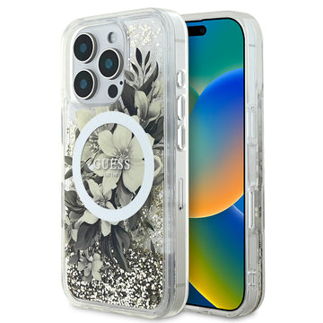 Apple iPhone 16 Pro Kılıf Guess Magsafe Şarj Özellikli Sıvılı Simli Çiçek Desenli Kapak Bej