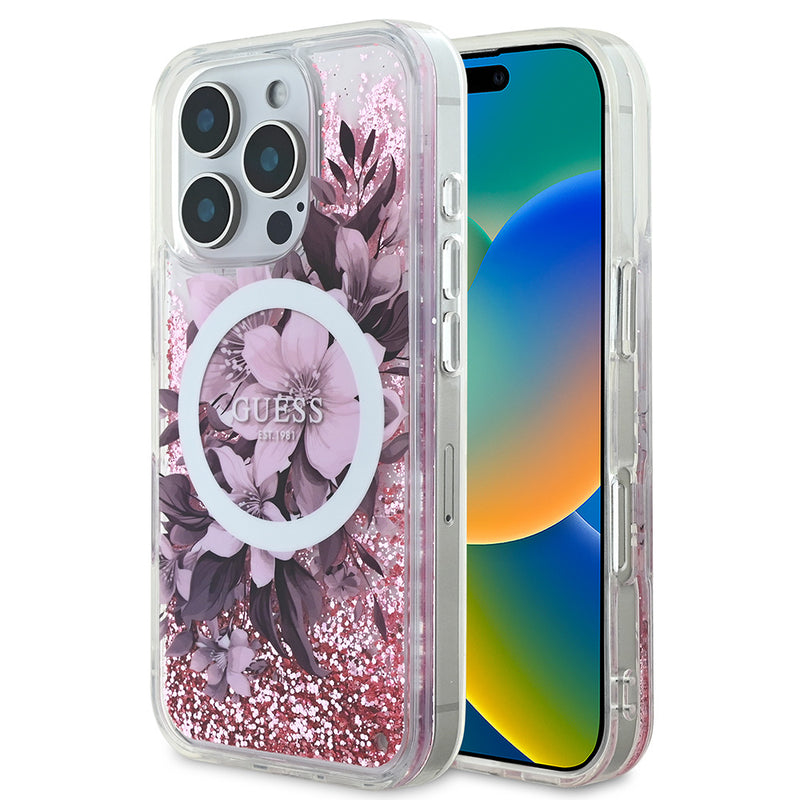 Apple iPhone 16 Pro Kılıf Guess Magsafe Şarj Özellikli Sıvılı Simli Çiçek Desenli Kapak Pembe