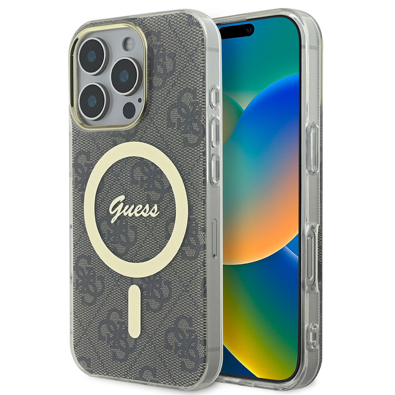 Apple iPhone 16 Pro Kılıf Guess Magsafe Şarj Özellikli Yazı Logolu 4G Desenli Kapak Kahverengi