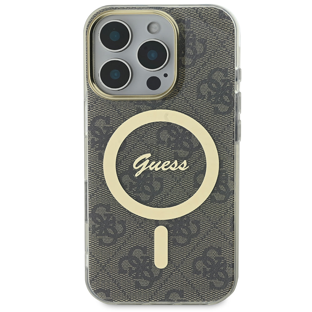 Apple iPhone 16 Pro Kılıf Guess Magsafe Şarj Özellikli Yazı Logolu 4G Desenli Kapak Kahverengi