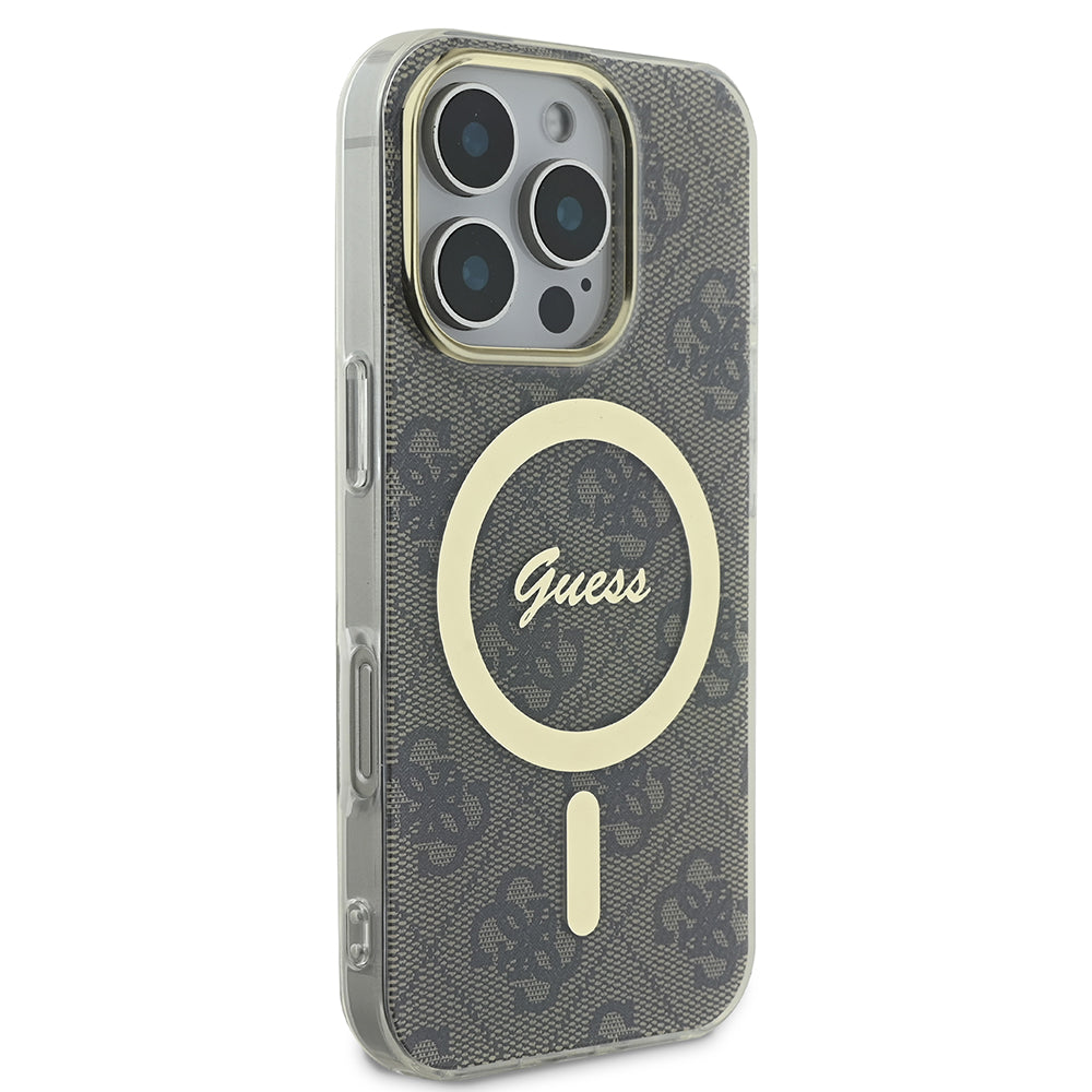 Apple iPhone 16 Pro Kılıf Guess Magsafe Şarj Özellikli Yazı Logolu 4G Desenli Kapak Kahverengi