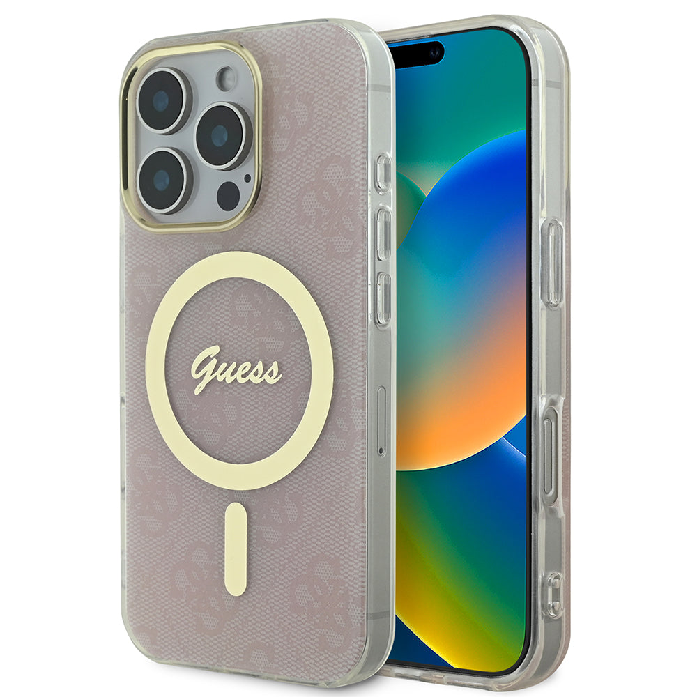 Apple iPhone 16 Pro Kılıf Guess Magsafe Şarj Özellikli Yazı Logolu 4G Desenli Kapak Pembe