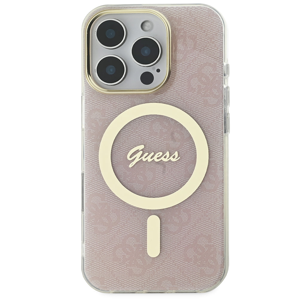 Apple iPhone 16 Pro Kılıf Guess Magsafe Şarj Özellikli Yazı Logolu 4G Desenli Kapak Pembe