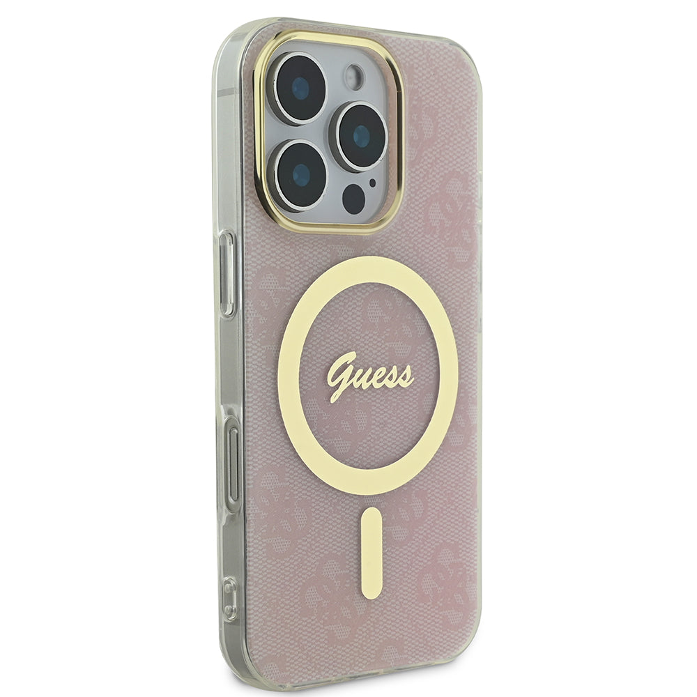 Apple iPhone 16 Pro Kılıf Guess Magsafe Şarj Özellikli Yazı Logolu 4G Desenli Kapak Pembe