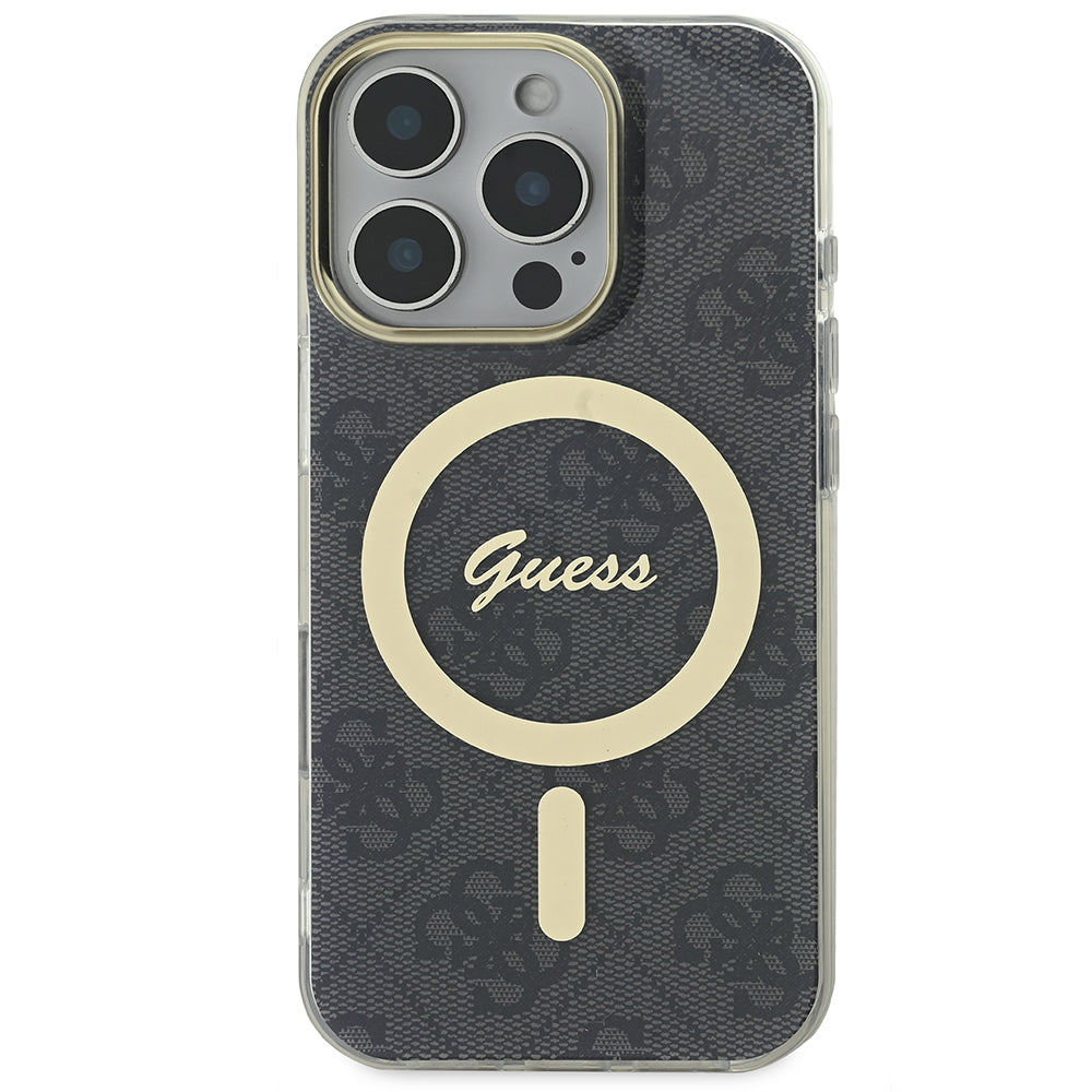 Apple iPhone 16 Pro Kılıf Guess Magsafe Şarj Özellikli Yazı Logolu 4G Desenli Kapak Siyah