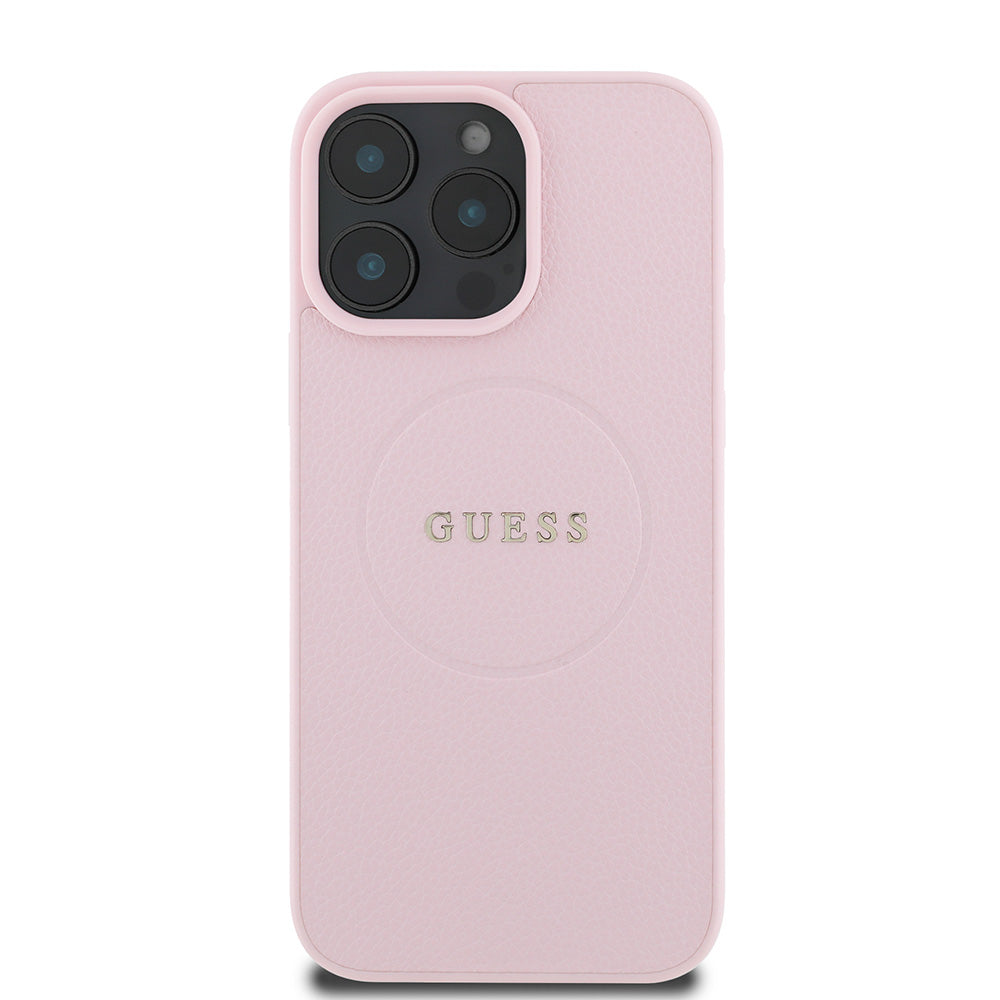 Apple iPhone 16 Pro Kılıf Guess Magsafe Şarj Özellikli Yazı Logolu Grained Kapak Pembe