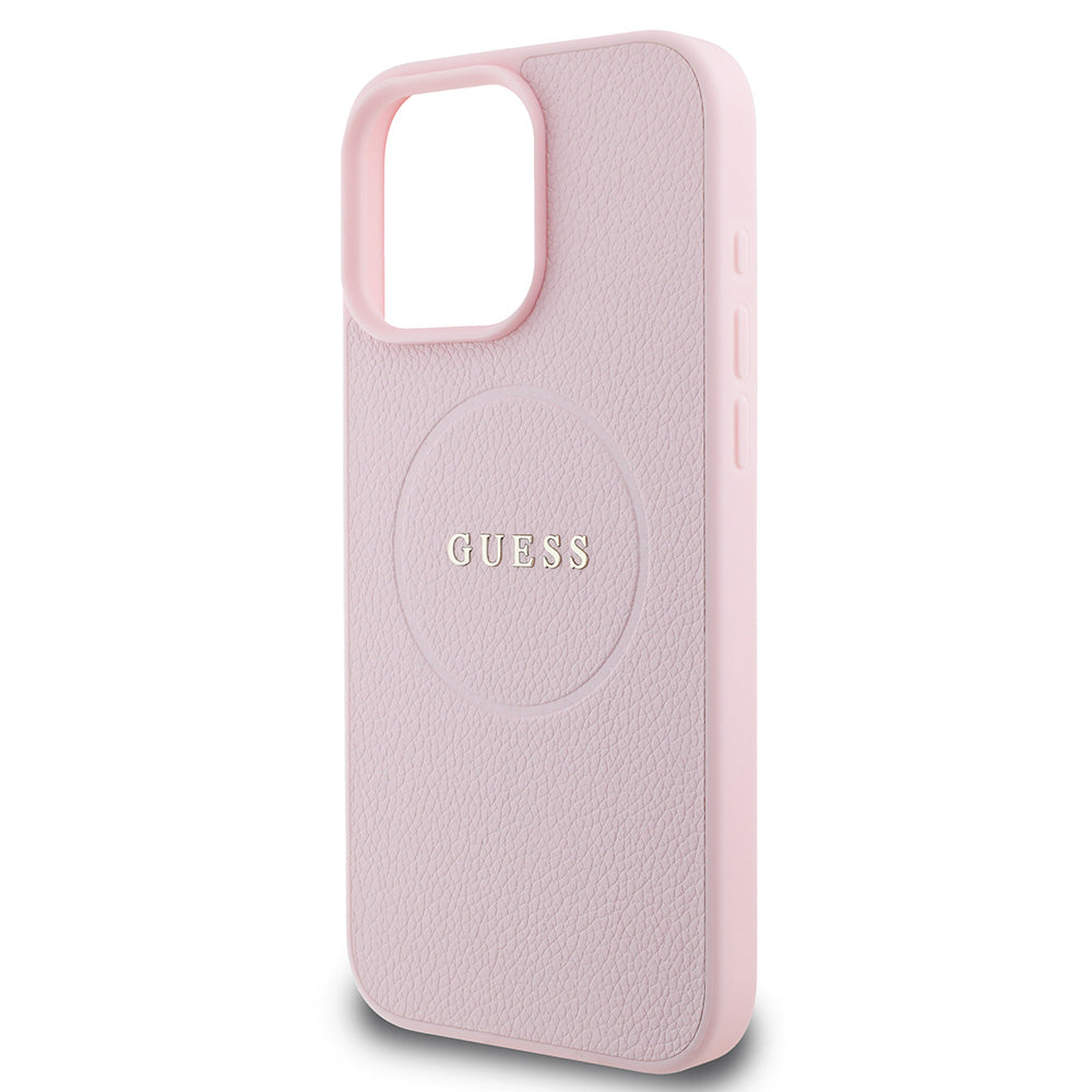 Apple iPhone 16 Pro Kılıf Guess Magsafe Şarj Özellikli Yazı Logolu Grained Kapak Pembe