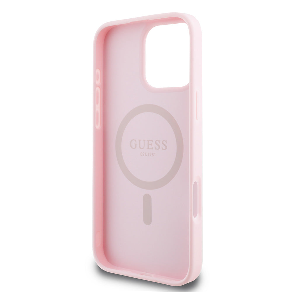 Apple iPhone 16 Pro Kılıf Guess Magsafe Şarj Özellikli Yazı Logolu Grained Kapak Pembe