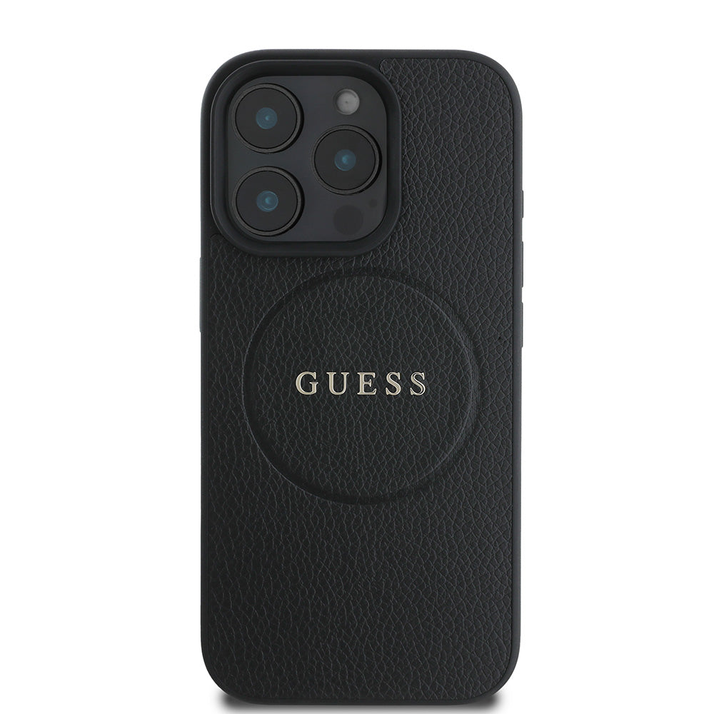 Apple iPhone 16 Pro Kılıf Guess Magsafe Şarj Özellikli Yazı Logolu Grained Kapak Siyah