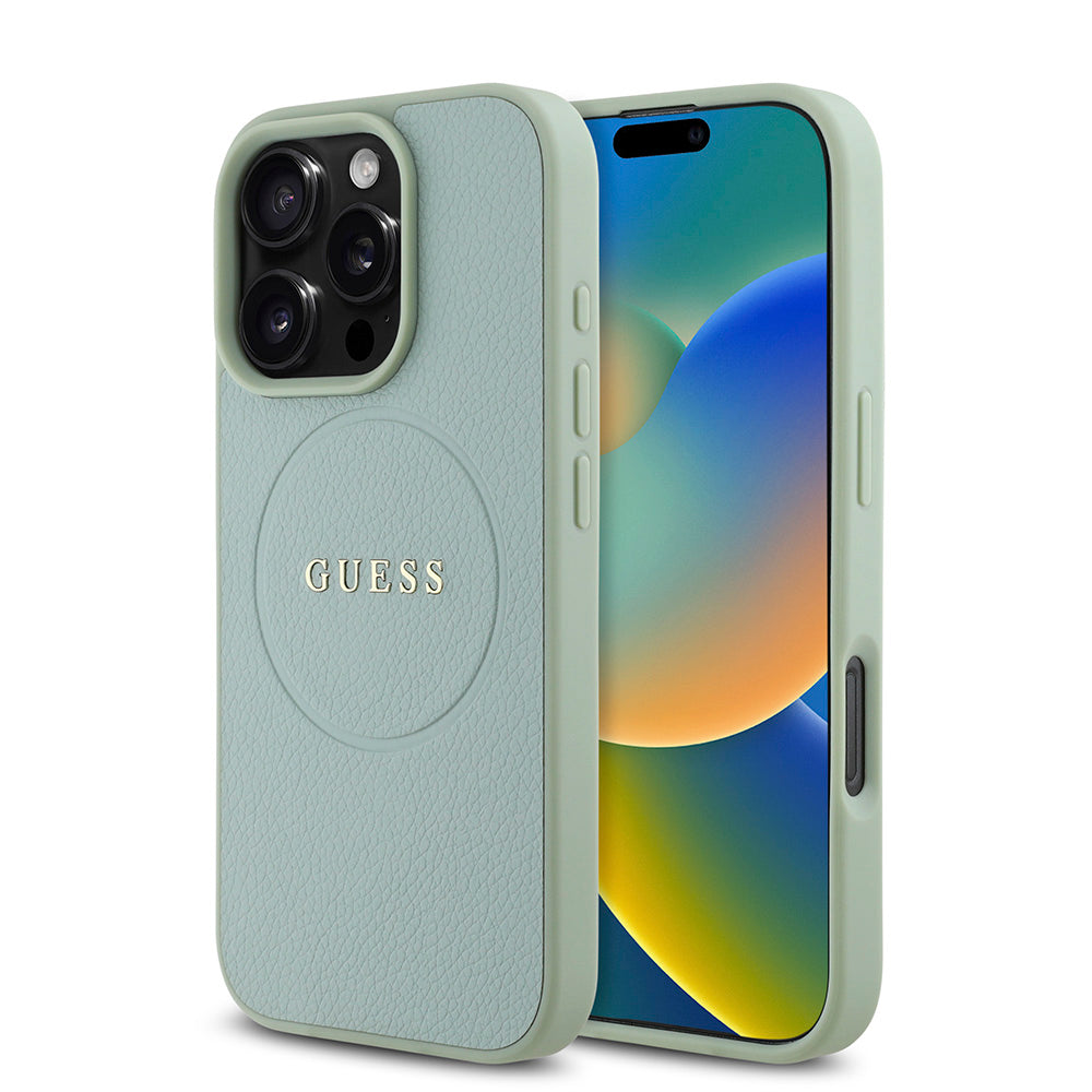 Apple iPhone 16 Pro Kılıf Guess Magsafe Şarj Özellikli Yazı Logolu Grained Kapak Yeşil