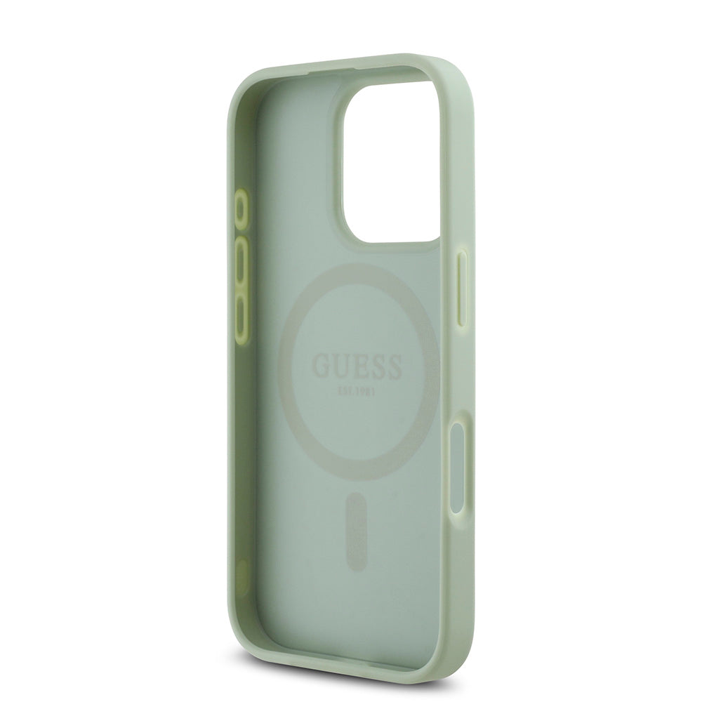 Apple iPhone 16 Pro Kılıf Guess Magsafe Şarj Özellikli Yazı Logolu Grained Kapak Yeşil