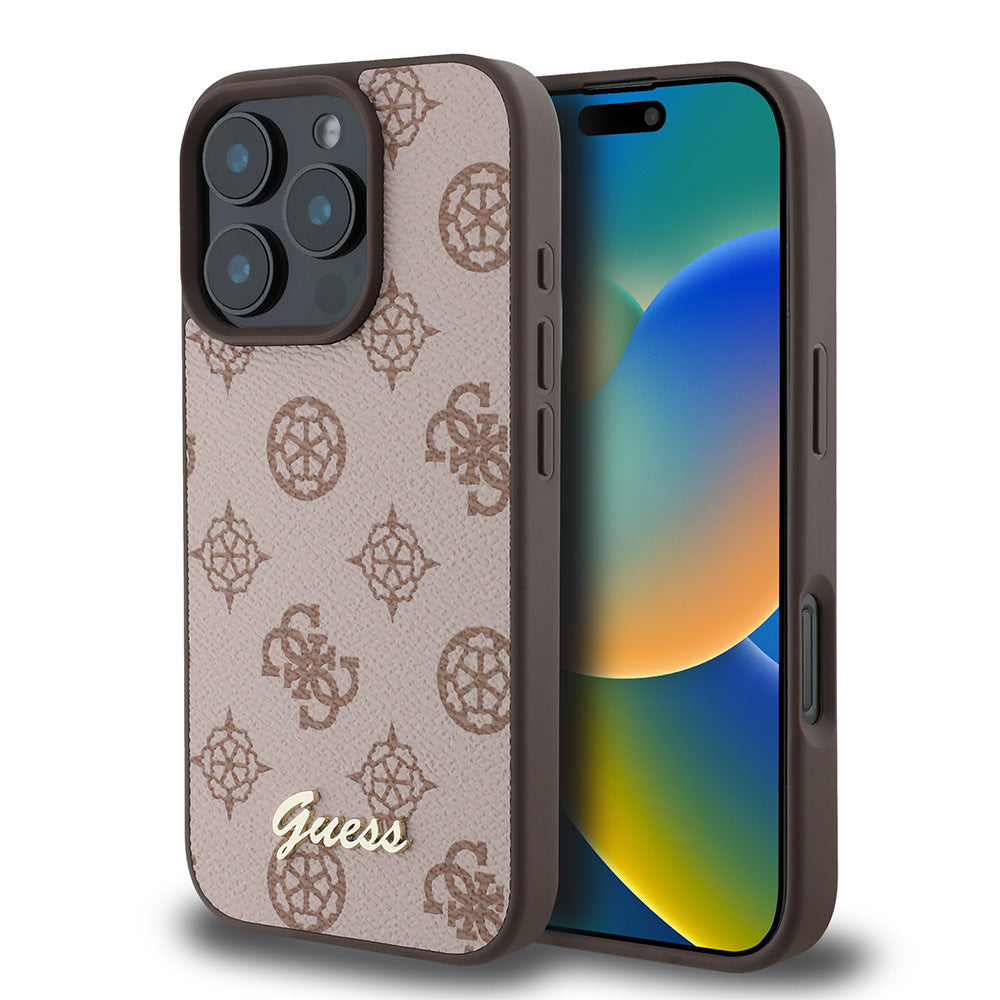 Apple iPhone 16 Pro Kılıf Guess Magsafe Şarj Özellikli Yazı Logolu Peony Kapak Kahverengi