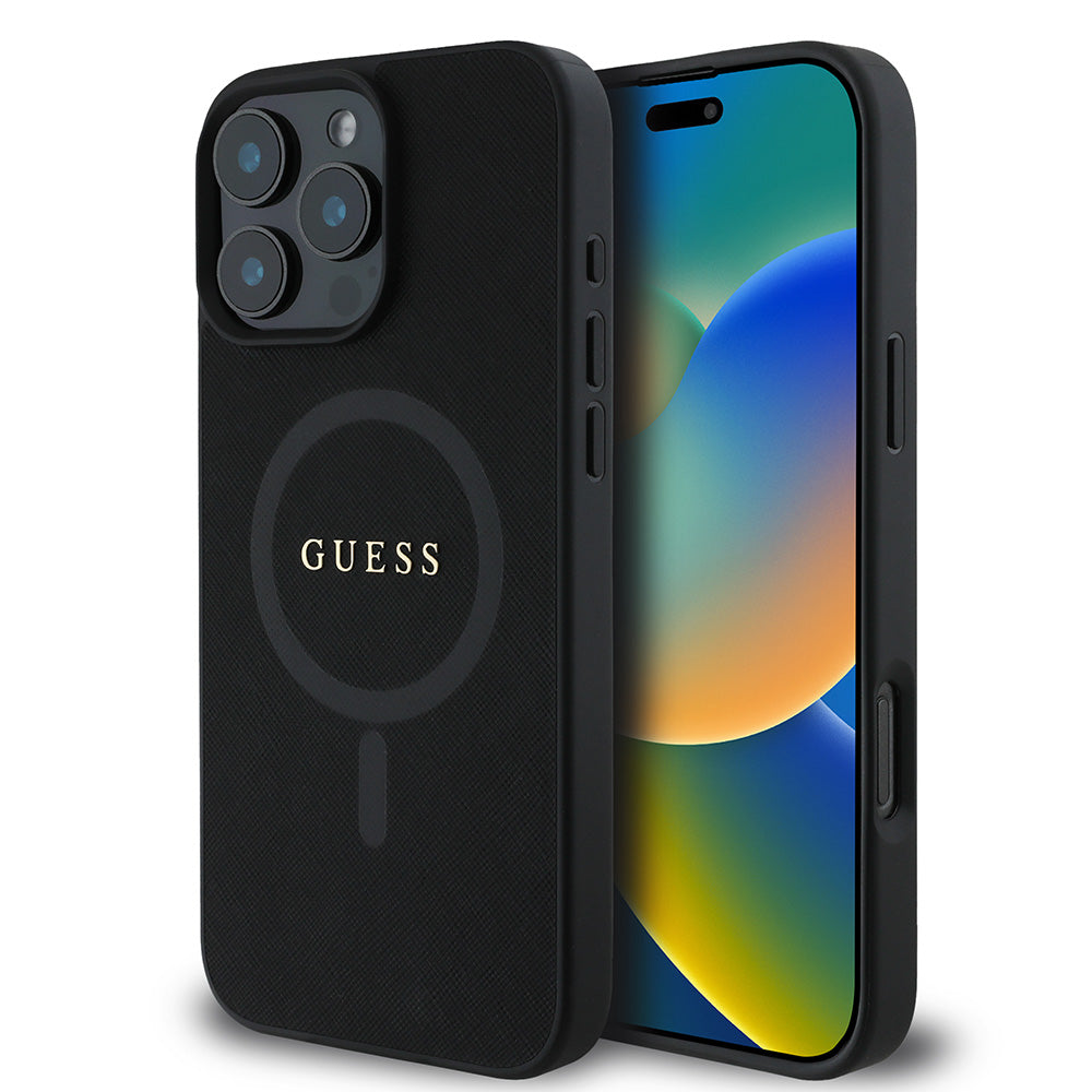 Apple iPhone 16 Pro Kılıf Guess Magsafe Şarj Özellikli Yazı Logolu Saffiano Classic Kapak Siyah