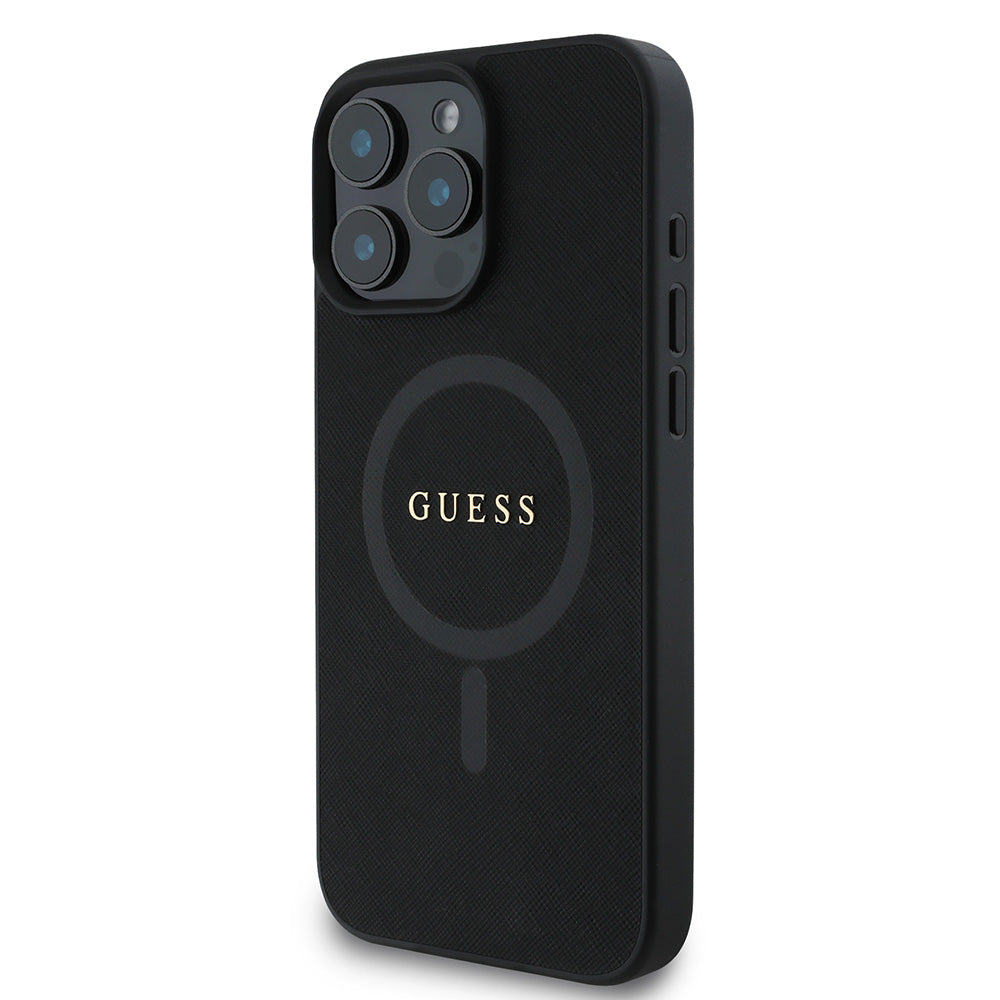 Apple iPhone 16 Pro Kılıf Guess Magsafe Şarj Özellikli Yazı Logolu Saffiano Classic Kapak Siyah