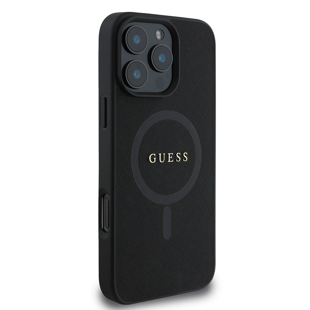 Apple iPhone 16 Pro Kılıf Guess Magsafe Şarj Özellikli Yazı Logolu Saffiano Classic Kapak Siyah