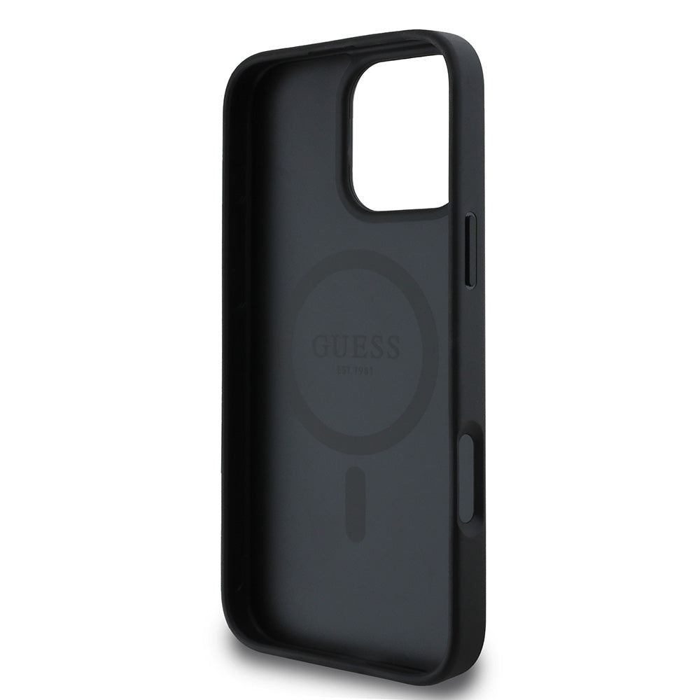 Apple iPhone 16 Pro Kılıf Guess Magsafe Şarj Özellikli Yazı Logolu Saffiano Classic Kapak Siyah